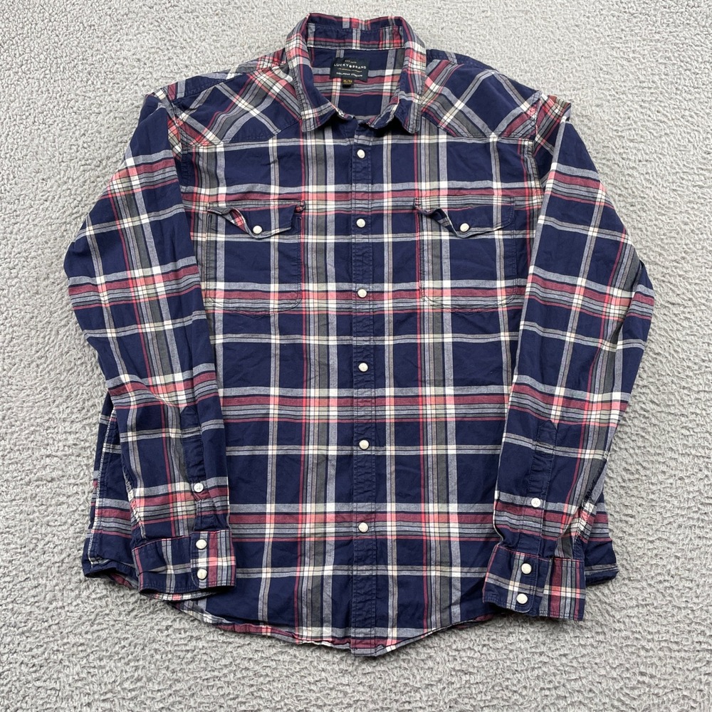Lucky Brand Button Up Mens XL Blue Saturday Stretch Plaid Western Pearl Snap